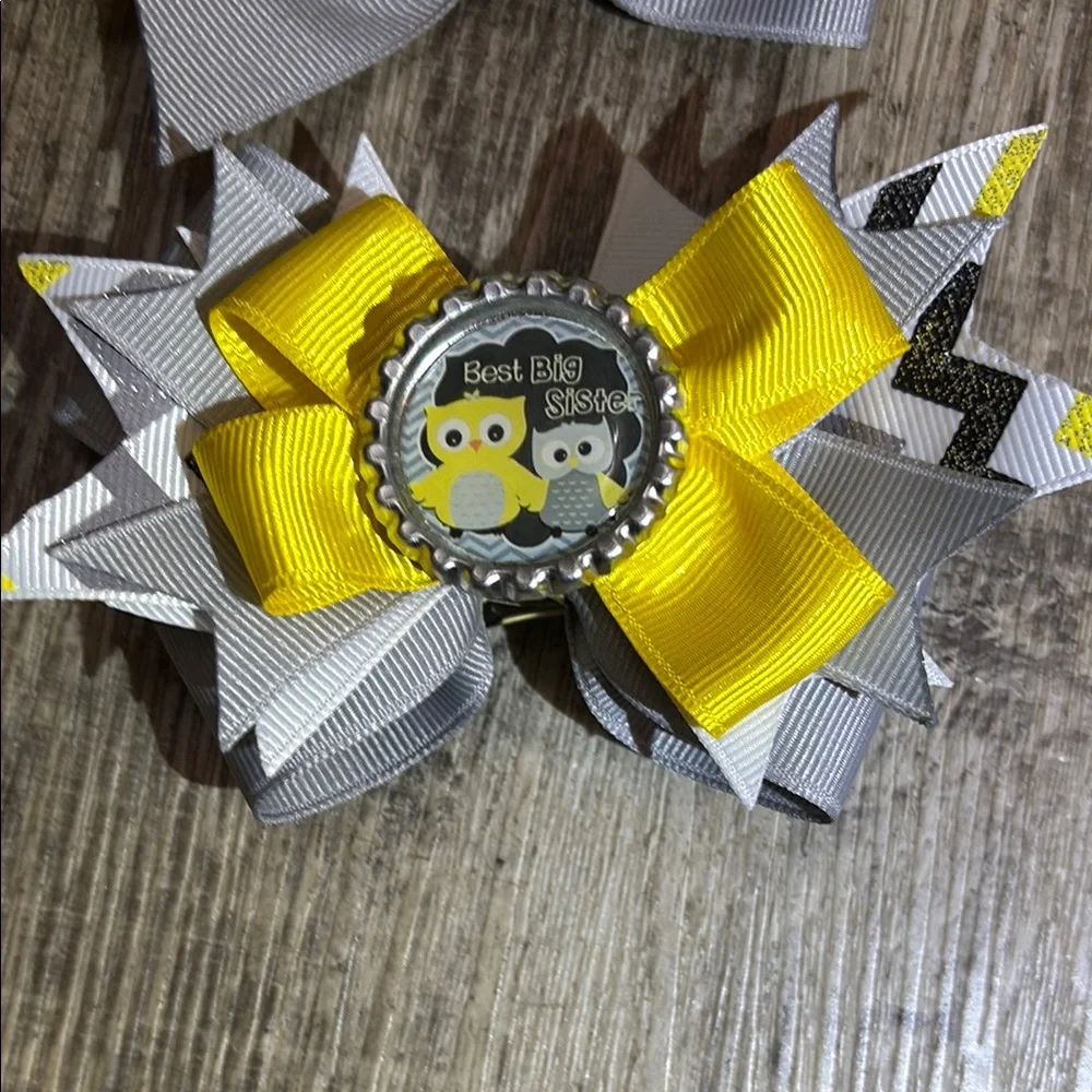 Big and little sister set of Yellow and Gray Decorative Hair Accessories owl